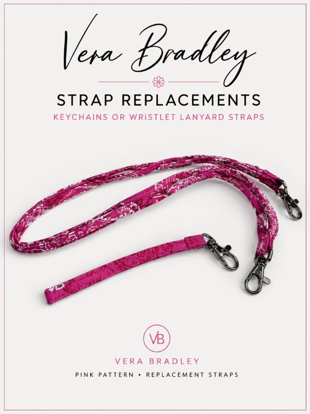 Vera Bradley Pink Strap Replacement Set Wristlet Lanyard Keychain Clips